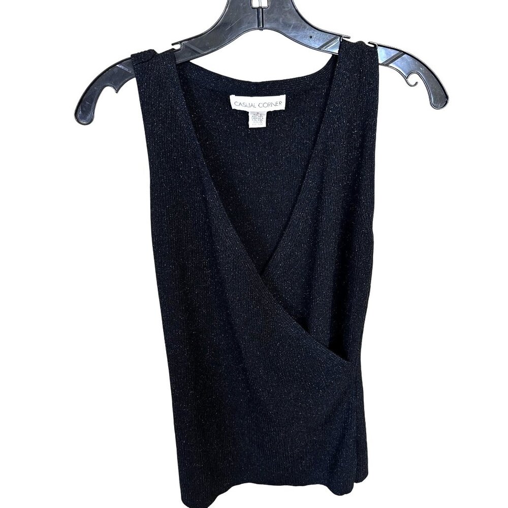 Vtg Black Sleeveless Wrap Tank Top Y2K Medium Metallic Evening Womens